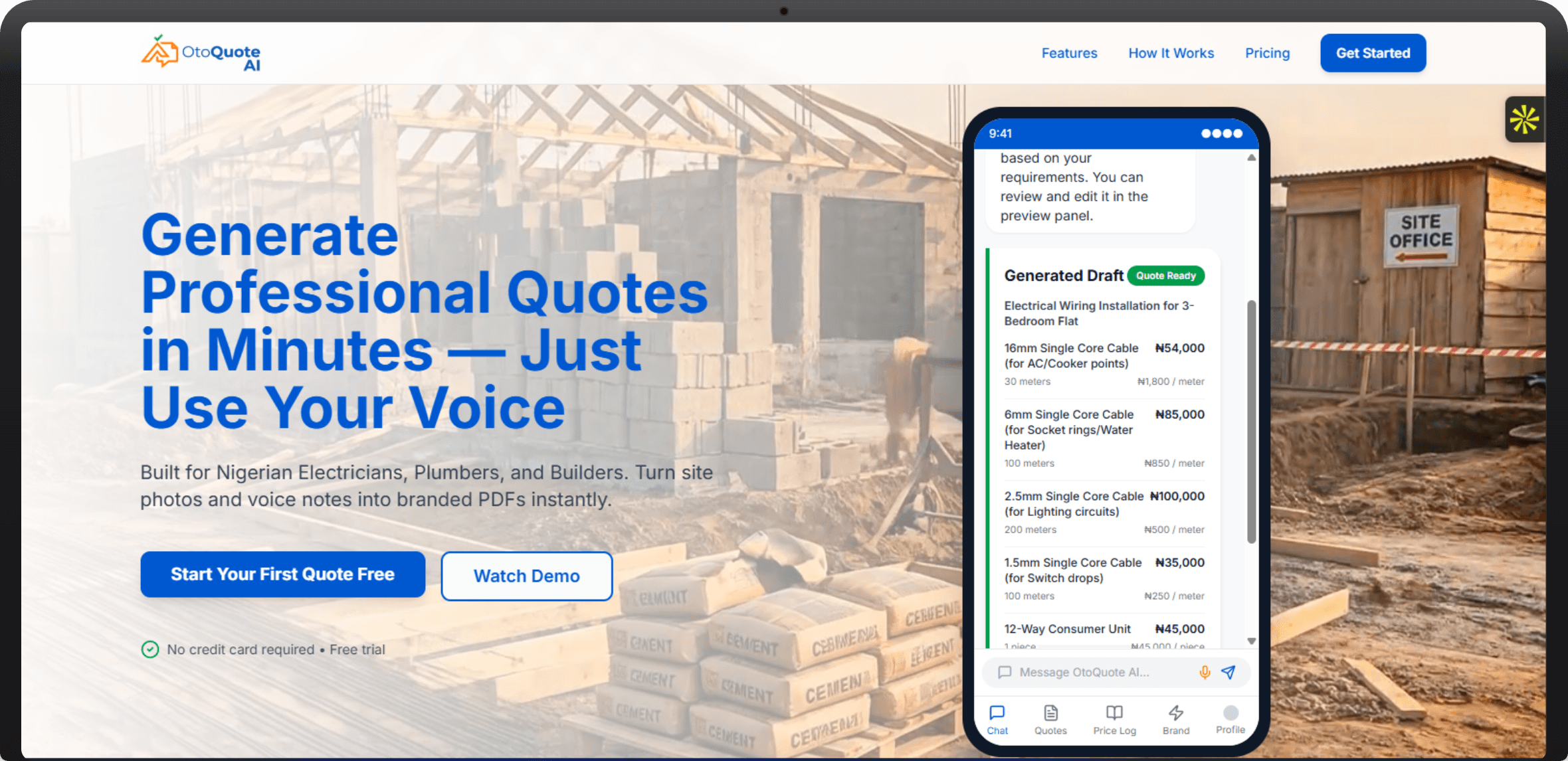 OtoQuote AI landing page with a phone showing a generated, line-itemed electrical quote
